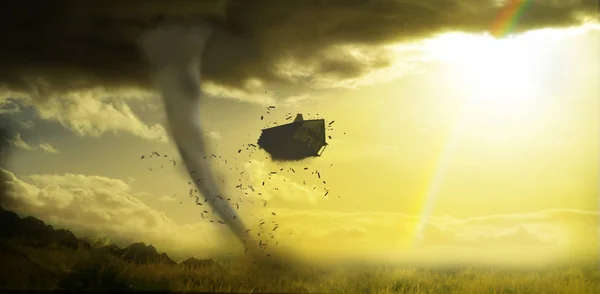 Kasırga dorothys evin arka planda gökkuşağı ile kaldırma