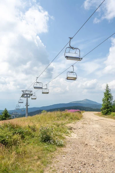 Empty ski lift seats on cables above lush grassy summer mountain meadow covered with flowers and pine forest against cloudy sky