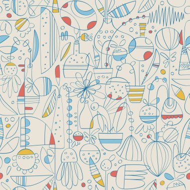 Çağdaş Toile de Jouy el çizimi deseni tencere ve vazolarda doğrusal soyut çiçekler soluk arkaplanda temel renkler