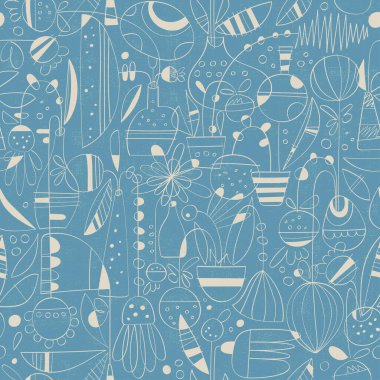 Çağdaş Toile de Jouy el çizimi mavi arkaplanda saksılarda ve vazolarda doğrusal soyut çiçeklerin deseni