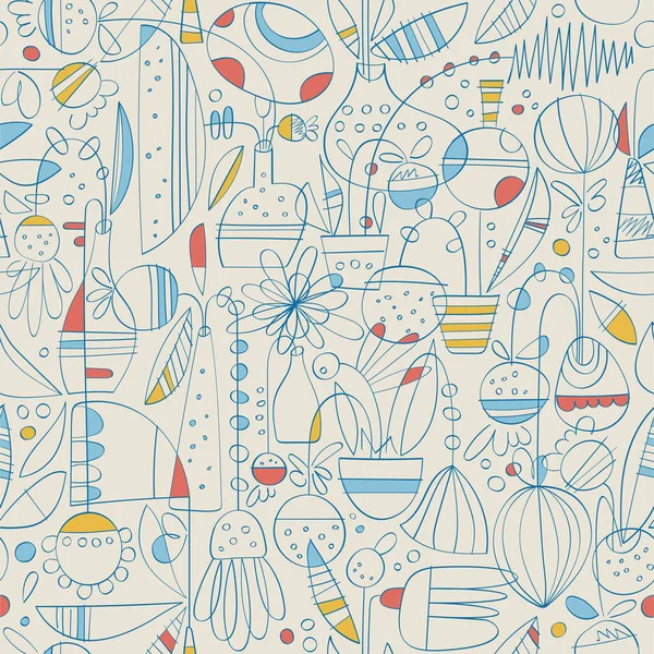 Çağdaş Toile de Jouy el çizimi deseni tencere ve vazolarda doğrusal soyut çiçekler soluk arkaplanda temel renkler