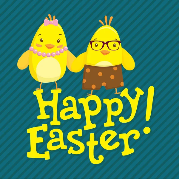 Bonne carte postale de Pâques avec deux poulets mignons . — Image vectorielle