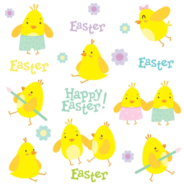 Modèle de vacances de Pâques avec des petits poulets et des décorations . — Image vectorielle