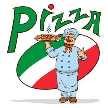 Tabağında pizza olan aşçı şefi. Vektör çizimi. Aşçı üniformalı adam. Çizgi film karakteri.