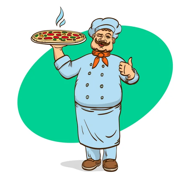 Tabağında pizza olan aşçı şefi. Vektör çizimi. Aşçı üniformalı adam. Çizgi film karakteri.