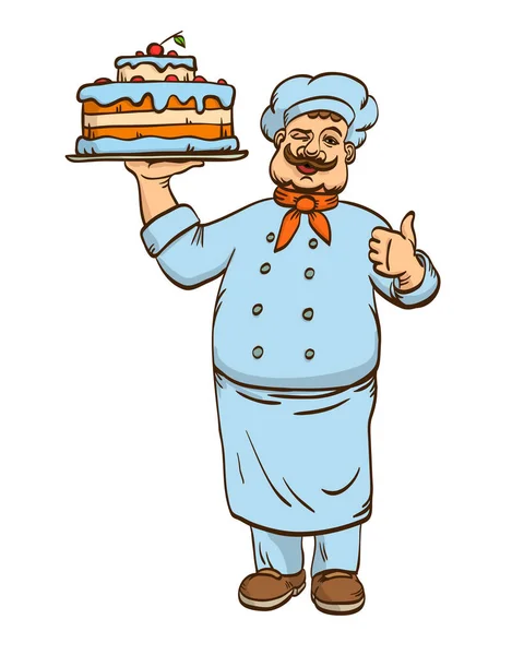 Şef aşçı ve pasta tabağı. Vektör çizimi. Aşçı üniformalı adam. Çizgi film karakteri.
