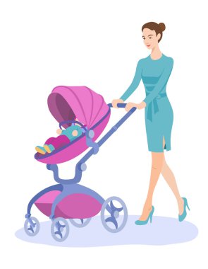 Genç anne modern bir bebek arabasıyla yürüyor. Vektör İllüstrasyonu.