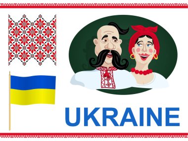 Geleneksel kostümlü Ukraynalı çift. Folk Ukrayna süsü. Ukrayna bayrağı. Vektör İllüstrasyonu.