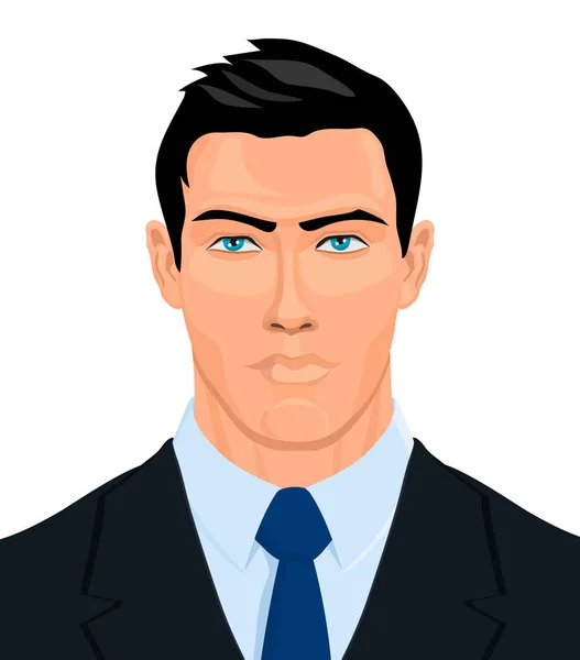 Siyah ceketli, beyaz gömlekli ve mavi kravatlı güçlü bir adamın portresi. Vektör illüstrasyonu.