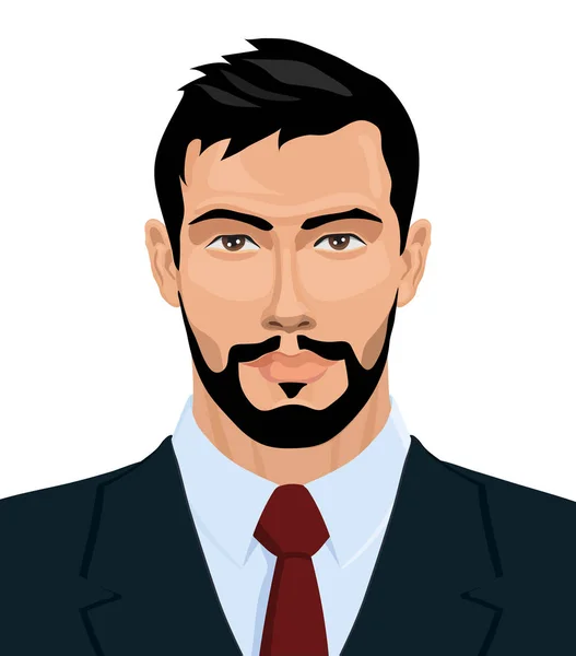 Koyu renk ceketli, beyaz gömlekli ve koyu kırmızı kravatlı güçlü bir adamın portresi. Vektör illüstrasyonu.