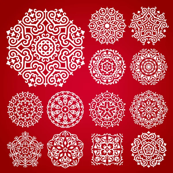 Kırmızı Arkaplanda Kafkas Motifleriyle Vektör Süslemesi Ayarlandı