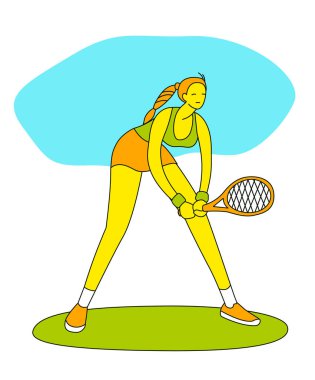 Tenis oynayan bir kız. Düz bir şekilde vektör illüstrasyonu. Beyaz bir arka planda izole edilmiş. Spor konsepti.