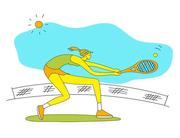 Mädchen Beim Tennisspielen Vector Illustration Einem Flachen Stil Vereinzelt Auf — Stockvektor