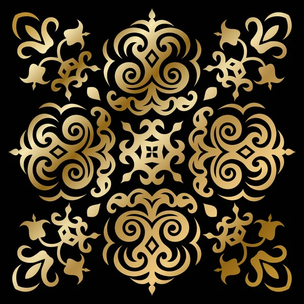 Goldener Vektor Ornament Mit Kaukasischen Motiven Auf Schwarzem Hintergrund — Stockvektor
