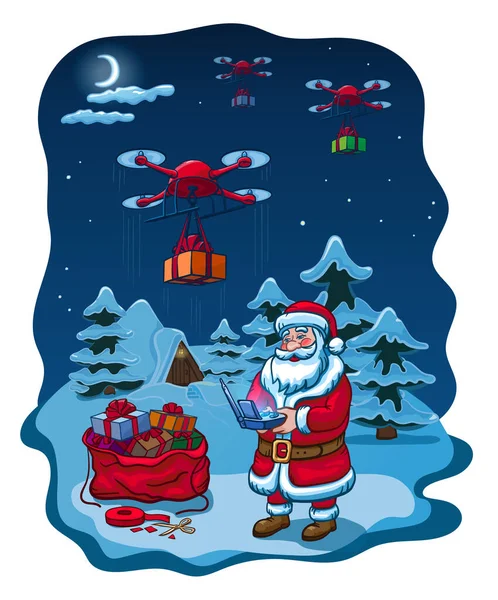 Santa Claus Hold Odstranit Controller Dron Dodání Přítomen Nový Rok Royalty Free Stock Ilustrace