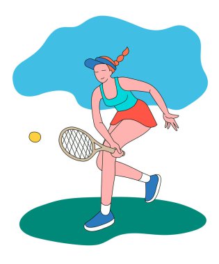 Tenis oynayan bir kız. Düz bir şekilde vektör illüstrasyonu. Beyaz bir arka planda izole edilmiş. Spor konsepti.