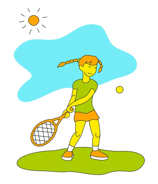 Holčička Hraje Tenis Vektorová Ilustrace Plochém Stylu Izolované Bílém Pozadí Vektorová Grafika