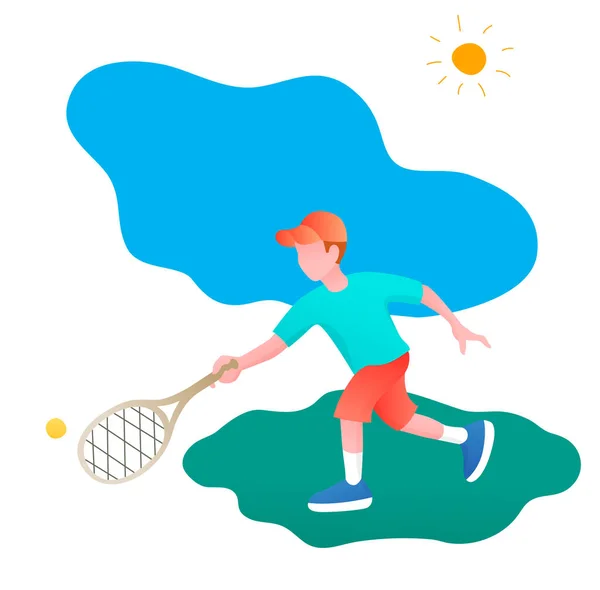 Tenis Oynayan Küçük Çocuk Düz Bir Şekilde Vektör Illüstrasyonu Beyaz — Stok Vektör