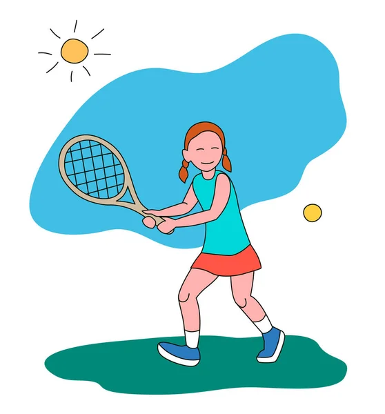 Malá Holka Hraje Tenis Vektorová Ilustrace Plochém Stylu Izolované Bílém — Stockový vektor