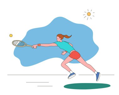 Tenis oynayan kız. Düz bir şekilde vektör illüstrasyonu. Beyaz bir arka planda izole edilmiş. Spor konsepti.