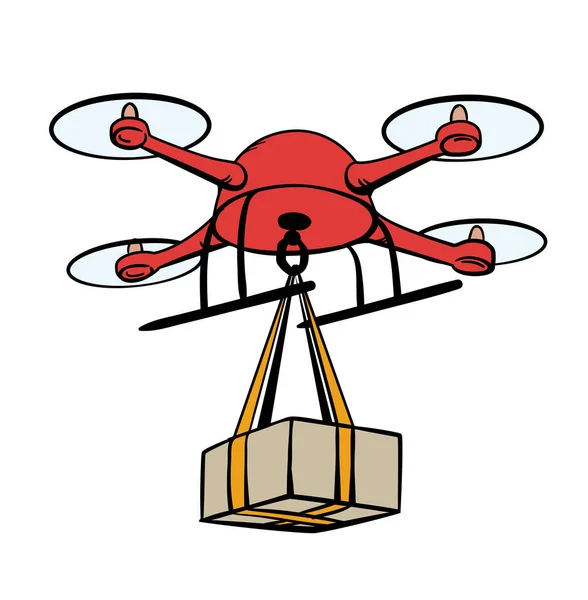 Helikopter malları teslim ediyor. Temassız teslimat. İnsansız hava aracı gökyüzünde görev yapıyor. Vektör illüstrasyonu.