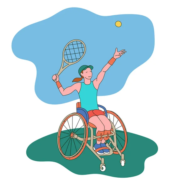 轮椅网球选手 以残疾妇女作为体育包容性概念的平面矢量说明 被白色背景隔离 — 图库矢量图片