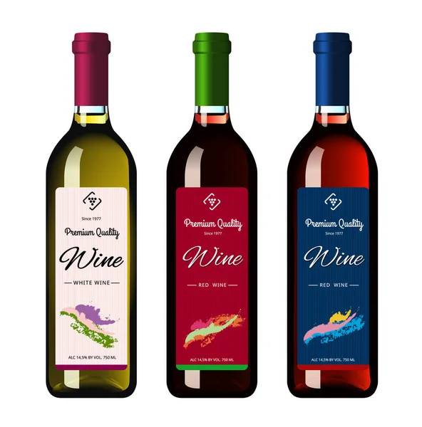 Etiketli şarap şişeleri, beyaz arka planda gerçekçi bir tarzda yapılmış. Üç şişe. Vektör illüstrasyonu.