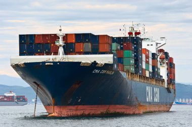 Nakhodka. Rusya - 2 Ağustos 2015: konteyner gemisi Cma Cgm Marlin ayakta çapa, yollarda.