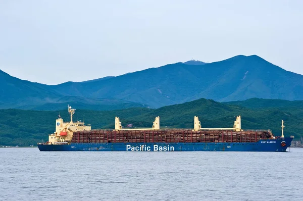 Nakhodka, nadmorski region / Rosja - 30 czerwca 2015: Port Alberni statek załadowany z dzienników na kotwicy w drogach. — Zdjęcie stockowe