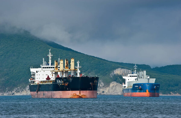 Nakhodka, Primorsky region/ Russia- July 22, 2015: Bulk carriers Bi Jia Shan and Patagonia at anchored in the roads.