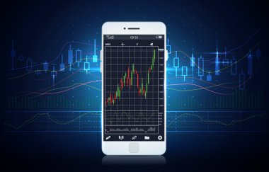 Smartphone gösteren hisse senedi grafiğini üstünde perde ile mavi Tema.