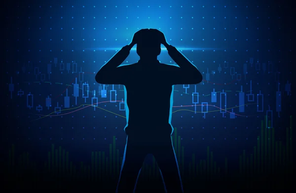 Silhouette of stressed investor on stock chart concept background. — Stock vektor