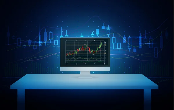 Computer showing stock chart on screen with blue theme. — Stock vektor