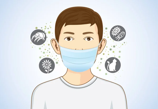 Boy wearing breath mask for protect allergic. — Stock Vector