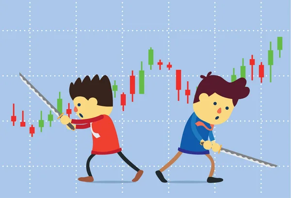 Två bemannar strid med svärd på börsdiagram bakgrund. — Stock vektor