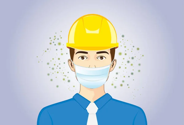 Ingeniero que usa máscara para respirar y casco de seguridad cuando trabaja . — Vector de stock
