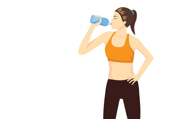 Wanita olahraga mengangkat botol dan minum air - Stok Vektor