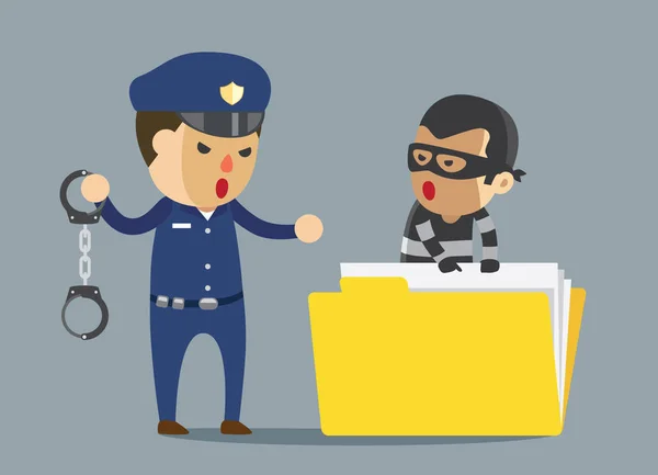 Security guard arrest bandit with handcuff which robbery business data. — Stock Vector