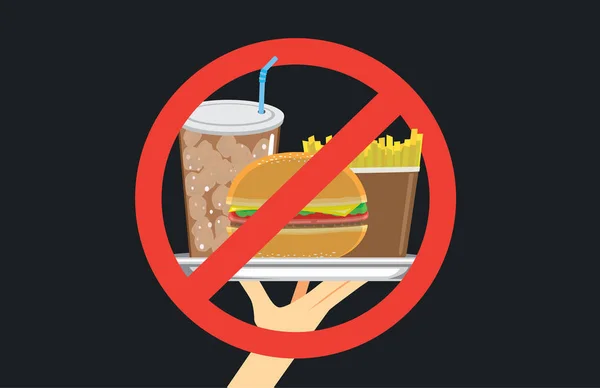 Ręka trzyma fast food w srebrne naczynia z sygnał stop. — Wektor stockowy