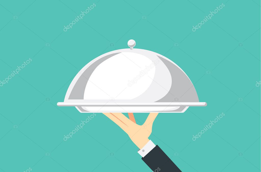 Hand Of Waiter Holding Silver Tray With Lid Illustration About Catering Premium Vector In Adobe Illustrator Ai Ai Format Encapsulated Postscript Eps Eps Format