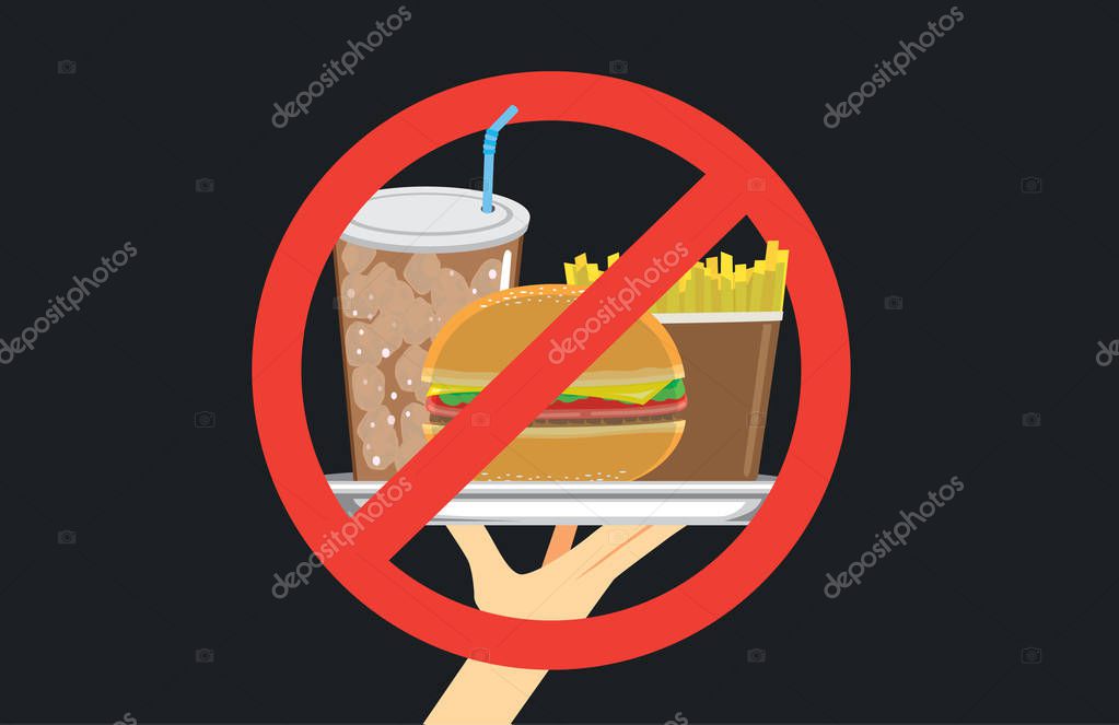 Hand holding fast food in silver dish with stop signal. Illustration about eating with wrong.