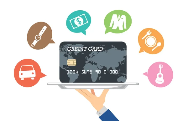 Ruce drží kreditní karty v stříbrném podnose s ikonou. — Stockový vektor