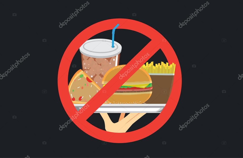 Hand holding American meal in silver dish with stop signal . Illustration about eating unhealthy.