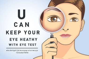 Kadın holding Büyüteç için göz testi yapmak.