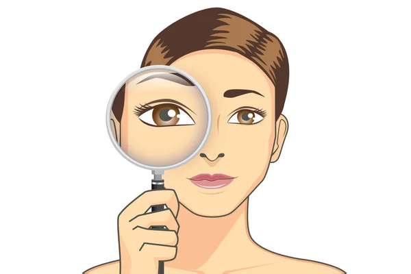 Beauty woman holding magnifying glass for check her eye. — Stock Vector