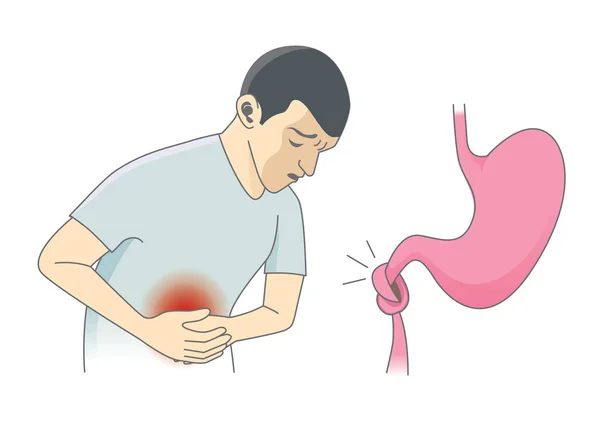 Les hommes ont des douleurs abdominales avec noeud dans l'estomac sur isolé . — Image vectorielle