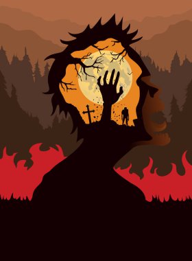 Yerden yükselen el ile çığlık zombi çift pozlama.