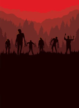 Silhouette of Zombie horde was exiting out of the graveyard at night. clipart