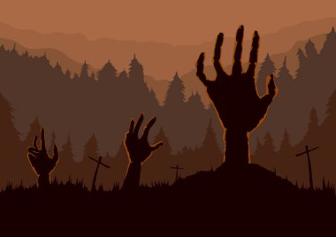 Zombi topraktan yükselen el silüeti.