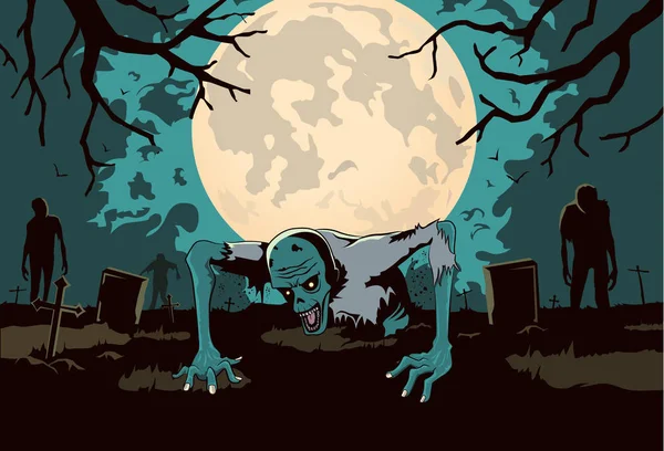 Zombie fora da sepultura no fundo silhueta em tema de horror . —  Vetores de Stock